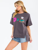 WOMEN'S SHORT SLEEVE SEQUINS GRAPHIC HIGH-LOW OVERSIZED TOP