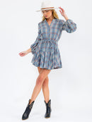 WOMEN'S LONG SLEEVE V-NECK BUTTON UP ADJUSTABLE WAIST PLAID MINI DRESS
