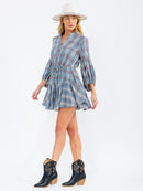 WOMEN'S LONG SLEEVE V-NECK BUTTON UP ADJUSTABLE WAIST PLAID MINI DRESS