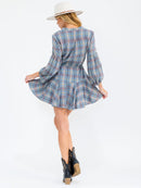 WOMEN'S LONG SLEEVE V-NECK BUTTON UP ADJUSTABLE WAIST PLAID MINI DRESS