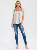 WOMEN'S RUFFLE SLEEVE FLORAL EMBROIDERY MULTI STRIPES BLOUSE