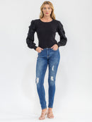 WOMEN'S LONG SLEEVE FLOWER DETAILED RIBBED BLOUSE