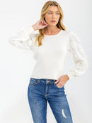 WOMEN'S LONG SLEEVE FLOWER DETAILED RIBBED BLOUSE