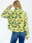 WOMEN'S LONG SLEEVE ZIP UP FRONT POCKETS FLORAL SHERPA PULLOVER SWEATER