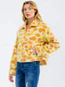 WOMEN'S LONG SLEEVE ZIP UP FRONT POCKETS FLORAL SHERPA PULLOVER SWEATER