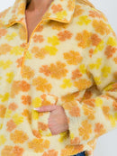 WOMEN'S LONG SLEEVE ZIP UP FRONT POCKETS FLORAL SHERPA PULLOVER SWEATER