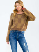 WOMEN'S LONG SLEEVE CHECKER PRINT PULLOVER SWEATER