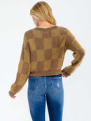 WOMEN'S LONG SLEEVE CHECKER PRINT PULLOVER SWEATER