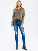 WOMEN'S LONG SLEEVE CHECKER PRINT PULLOVER SWEATER