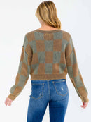 WOMEN'S LONG SLEEVE CHECKER PRINT PULLOVER SWEATER