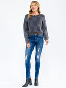 WOMEN'S LONG SLEEVE CHECKER PRINT PULLOVER SWEATER