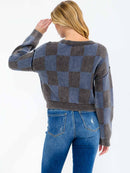 WOMEN'S LONG SLEEVE CHECKER PRINT PULLOVER SWEATER