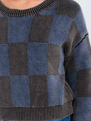 WOMEN'S LONG SLEEVE CHECKER PRINT PULLOVER SWEATER