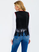 WOMEN'S SLEEVELESS OPEN FRONT EMBROIDERY PRINT FRINGE SUEDE VEST