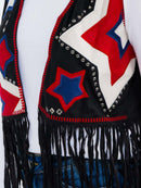 WOMEN'S SLEEVELESS OPEN FRONT EMBROIDERY PRINT FRINGE SUEDE VEST