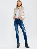 WOMEN'S SLEEVELESS BUTTON UP FRONT POCKETS PU PLEATHER PUFFER VEST