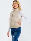 WOMEN'S SLEEVELESS BUTTON UP FRONT POCKETS PU PLEATHER PUFFER VEST
