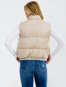 WOMEN'S SLEEVELESS BUTTON UP FRONT POCKETS PU PLEATHER PUFFER VEST