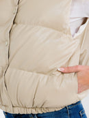 WOMEN'S SLEEVELESS BUTTON UP FRONT POCKETS PU PLEATHER PUFFER VEST