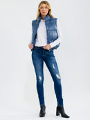 WOMEN'S SLEEVELESS BUTTON UP FRONT POCKETS PU PLEATHER PUFFER VEST