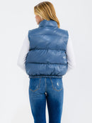 WOMEN'S SLEEVELESS BUTTON UP FRONT POCKETS PU PLEATHER PUFFER VEST