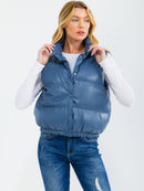 WOMEN'S SLEEVELESS BUTTON UP FRONT POCKETS PU PLEATHER PUFFER VEST