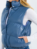 WOMEN'S SLEEVELESS BUTTON UP FRONT POCKETS PU PLEATHER PUFFER VEST