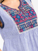 PLUS SIZE SLEEVELESS V-NECK MULTI PRINT EMBROIDERY STRIPES MINI DRESS