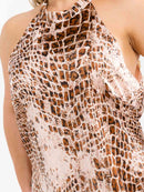 PLUS SIZE SLEEVELESS HALTER NECK HIGH-LOW ANIMAL PRINT PRINT MAXI DRESS