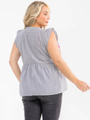 PLUS SIZE RUFFLE SLEEVE V-NECK FLORAL EMBROIDERY MULTI STRIPES BLOUSE