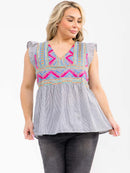 PLUS SIZE RUFFLE SLEEVE V-NECK FLORAL EMBROIDERY MULTI STRIPES BLOUSE