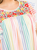 PLUS SIZE RUFFLE SLEEVE FLORAL EMBROIDERY MULTI STRIPES BLOUSE