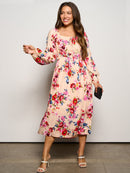 WOMEN'S LONG SLEEVE ELASTIC WAIST POCKETS FLORAL MIDI DRESS