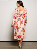WOMEN'S LONG SLEEVE ELASTIC WAIST POCKETS FLORAL MIDI DRESS