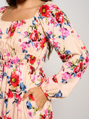 WOMEN'S LONG SLEEVE ELASTIC WAIST POCKETS FLORAL MIDI DRESS