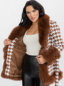 WOMEN'S LONG SLEEVE BUTTON CLOSURE FRONT POCKETS COLORBLOCK FAUX FUR COAT