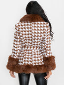 WOMEN'S LONG SLEEVE BUTTON CLOSURE FRONT POCKETS COLORBLOCK FAUX FUR COAT