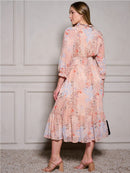 PLUS SIZE 3/4 SLEEVES V-NECK SMOCK WAIST RUFFLE MULTI PRINT MIDI DRESS