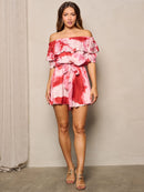 WOMEN'S OFF SHOULDER SELF TIE RUFFLE STUDS DETAILED TIE DYE ROMPER