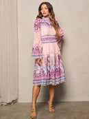 WOMEN'S LONG BELL SLEEVES MULTI PRINT MIDI DRESS