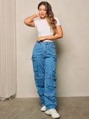 WOMEN'S BUTTON CLOSURE CARGO POCKETS DENIM PANTS