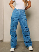 WOMEN'S BUTTON CLOSURE CARGO POCKETS DENIM PANTS