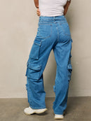 WOMEN'S BUTTON CLOSURE CARGO POCKETS DENIM PANTS