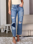 WOMEN'S BUTTON CLOSURE DISTRESS DENIM WIDE LEG JEANS