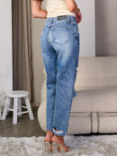 WOMEN'S BUTTON CLOSURE DISTRESS DENIM WIDE LEG JEANS