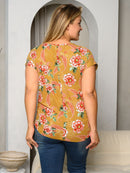 PLUS SIZE SHORT SLEEVE V-NECK SIDE RUCHED FLORAL TOP