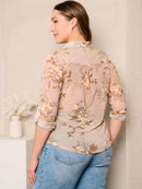 PLUS SIZE LONG SLEEVE BUTTON UP FLORAL PRINT BLOUSE TOP