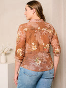 PLUS SIZE LONG SLEEVE BUTTON UP FLORAL PRINT BLOUSE TOP