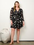 PLUS SIZE 3/4 SLEEVE SURPLICE FLORAL MINI DRESS