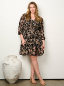 PLUS SIZE 3/4 SLEEVE SURPLICE SMOCK WAIST FLORAL MINI DRESS